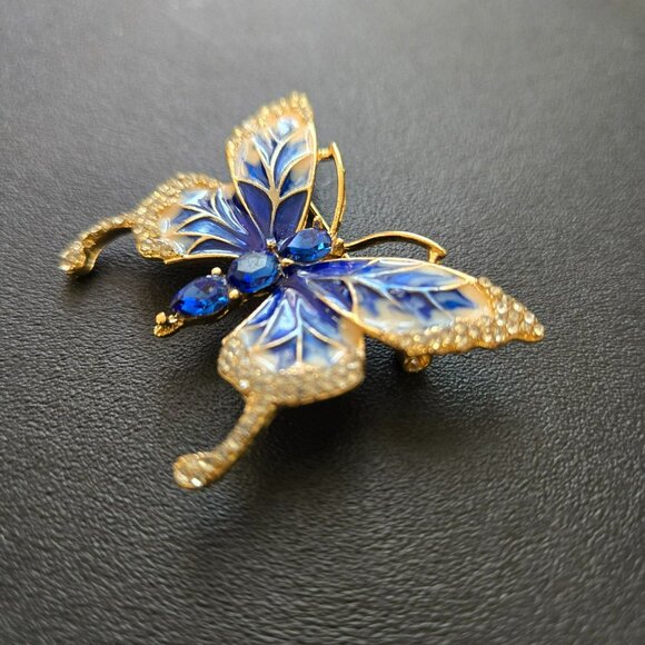 Blue Enamel Butterfly Brooch Rhinestone Gold Tone Pin Sparkly Costume Jewelry - Picture 3 of 7